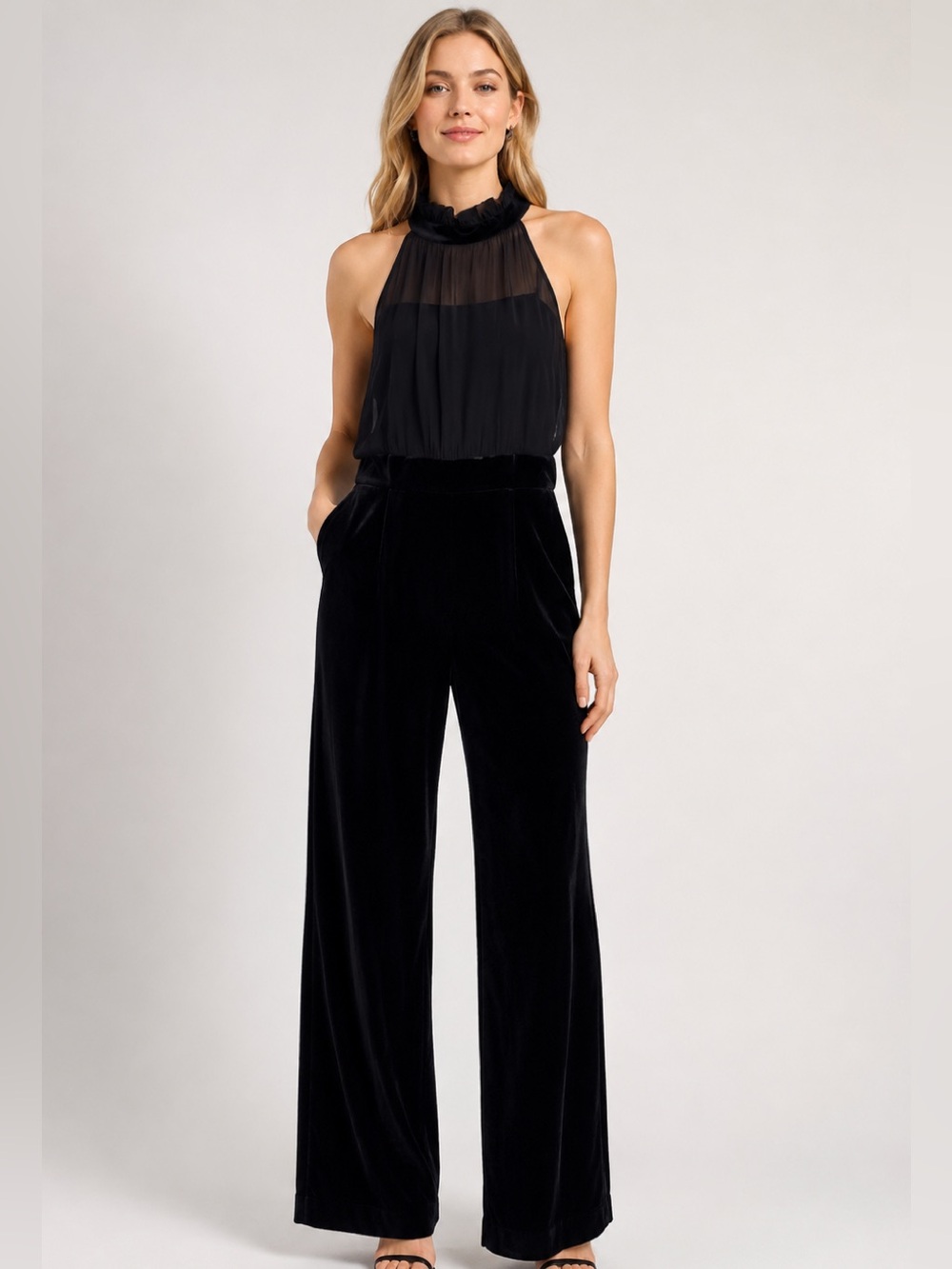 Vince Camuto -Wedding Guest Perfection-
Black Velvet Halter Jumpsuit – Size 8